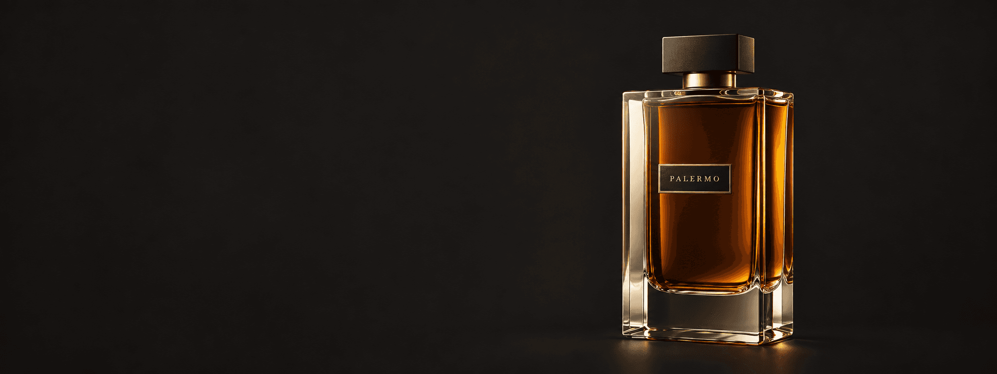 Palermo fragrance bottle illuminated by warm amber light