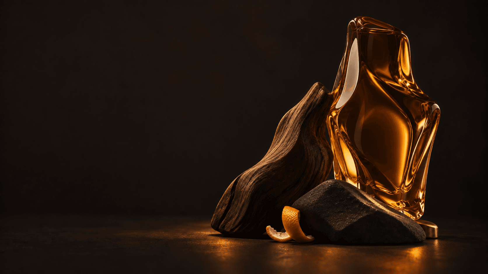 Amber glass, citrus, stone, and wood arranged in low light